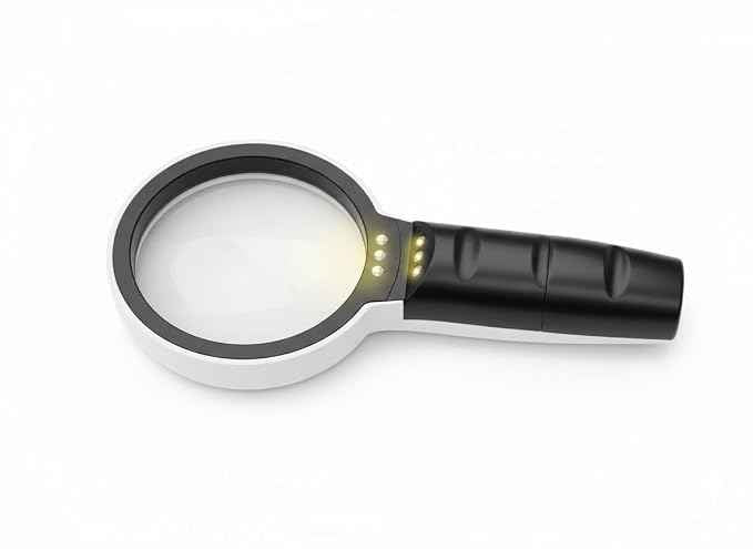 95mm Extra Large Handheld Magnifying Glass with 3 LED Lights - 5X High Magnification Optical Lens - Lightweight Ergonomic Magnifier for Reading, Coins, Jewellery. Supplied with 2 AAA Batteries