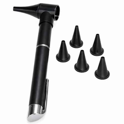 Pen Otoscope LED White Light with Battery Handle, Pocket Auriscope for Doctors, Nurses and Students, Ear Cleaning (1pc Pen otoscope with 5pc Specula) Black
