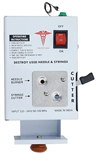 Needle Syringe Destroyer Electric, Needle Destroyer Machine for Hospital & Laboratory, Shock Proof Metal Body Mechanism, Low Power Consumption, On/Off Switch, White - Pack of 1