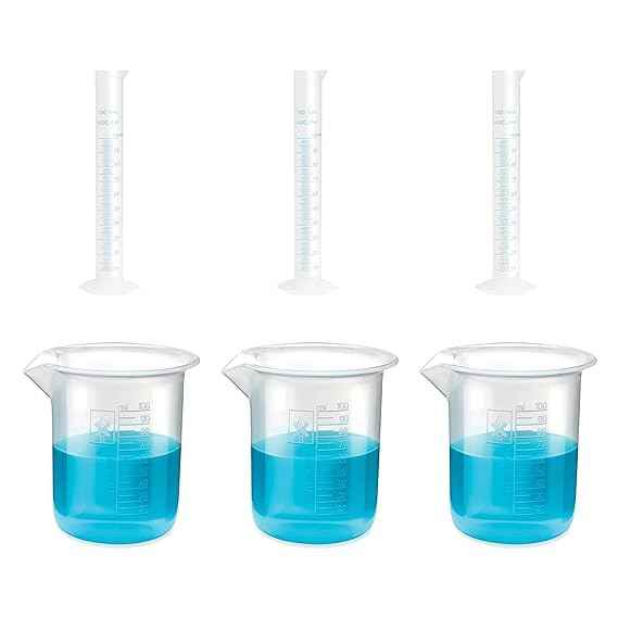 Scientific Plastic Measuring Cylinder 100ml 3 pcs & Measuring Beaker 100ml 3 pcs Combo Pack of 6 | Polypropylene Material Blue Printed Graduation for School Collage Chemistry lab Laboratory