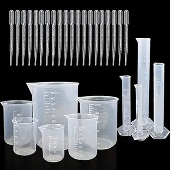 VVS 4 PCS Graduated Cylinders 10ml/25ml/50ml/100ml and 6 PCS Plastic Beakers 50ml, 100ml, 250ml, 500ml, 1000ml for DIY and Laboratory Measuring with 20 Plastic Droppers in 3 ml Pack of 30