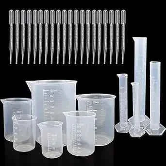 VVS 4 PCS Graduated Cylinders 10ml/25ml/50ml/100ml and 6 PCS Plastic Beakers 50ml, 100ml, 250ml, 500ml, 1000ml for DIY and Laboratory Measuring with 20 Plastic Droppers in 3 ml Pack of 30