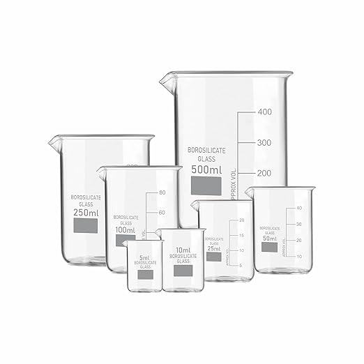 Borosilicate 3.3 Glass Beaker 5 ml, 10ml, 25 ml, 50 ml, 100 ml, 250 ml, 500 ml with Graduation Marks, Beakers Pack of 7 for school collage chemistry lab laboratory