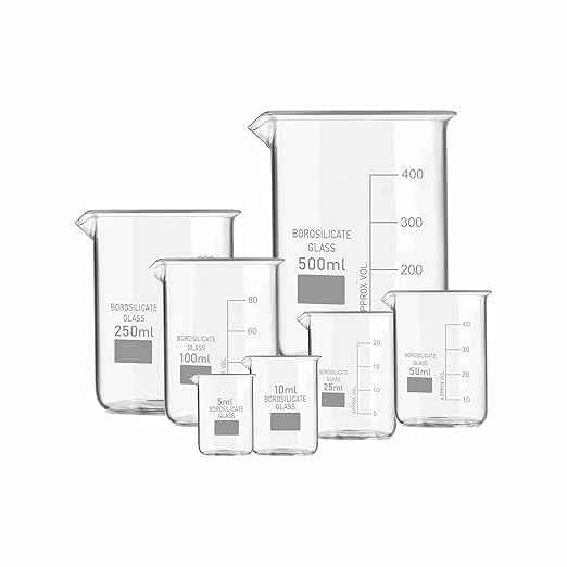 Borosilicate 3.3 Glass Beaker 5 ml, 10ml, 25 ml, 50 ml, 100 ml, 250 ml, 500 ml with Graduation Marks, Beakers Pack of 7 for school collage chemistry lab laboratory