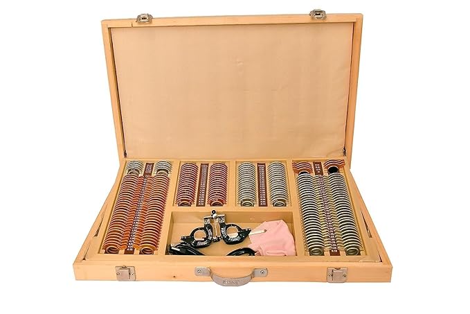 Illuminated 225 Trial Glass Lens Set Eye Testing Box with Adjustable and Lightweight Trial Frame with Wooden Box