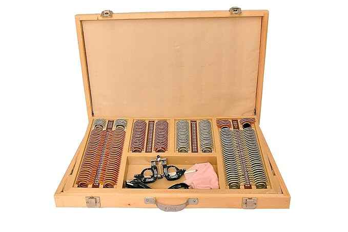 Illuminated 225 Trial Glass Lens Set Eye Testing Box with Adjustable and Lightweight Trial Frame with Wooden Box