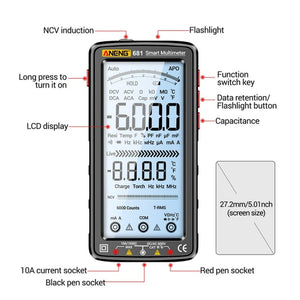ANENG 681 LCD Digital Display Screen Smart Automatic Range Rechargeable Multimeter, 681 Red, 681 Black laboratorydeal