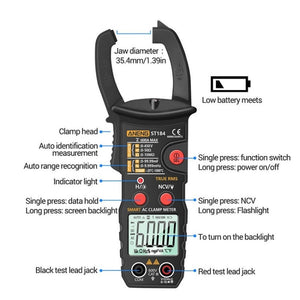 ANENG ST184 Automatically Identify Clamp-On Smart Digital Multimeter, Red, Black, Yellow
