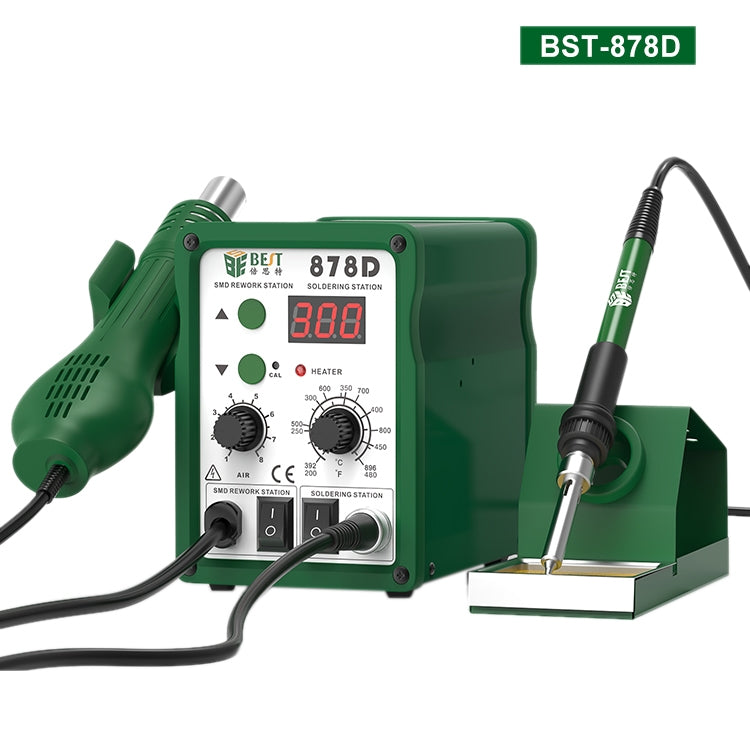 BEST BST-878D 2 in 1 AC 220V 700W LED Displayer Helical Wind Adjustable Temperature Unleaded Hot Air Gun + Solder Station & Soldering Iron, BST-878D EU Plug, BST-878D US Plug laboratorydeal