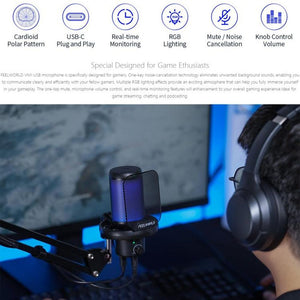 FEELWORLD VM1 USB Condenser Gaming Microphone for Streaming Noise Cancellation Mute RGB Light Boom Arm Stand, VM1 - AS - laboratorydeal