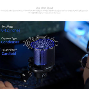 FEELWORLD VM1 USB Condenser Gaming Microphone for Streaming Noise Cancellation Mute RGB Light Boom Arm Stand, VM1 - AS - laboratorydeal