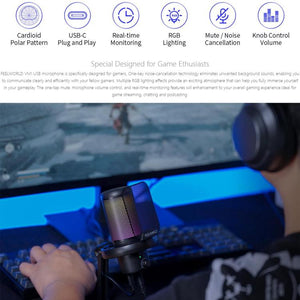 FEELWORLD VM1 USB Condenser Gaming Microphone for Streaming Noise Cancellation Mute RGB Light Desktop Stand, VM1 - XS - laboratorydeal