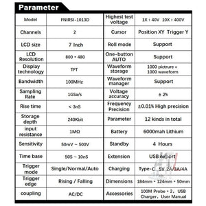 FNIRSI 1013D 1GS Sampling Dual Channel 100M Bandwidth Digital Oscilloscope, US Plug, 1013D
