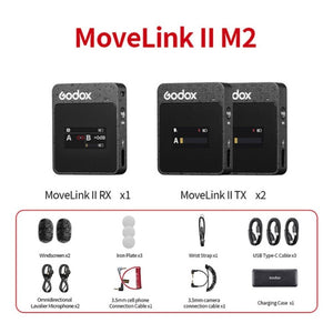 Godox MoveLink II M2 Wireless Lavalier Microphone System with 2 Transmitters and 1 Receiver for DSLR Cameras and Camcorders, MoveLink II M2 - laboratorydeal