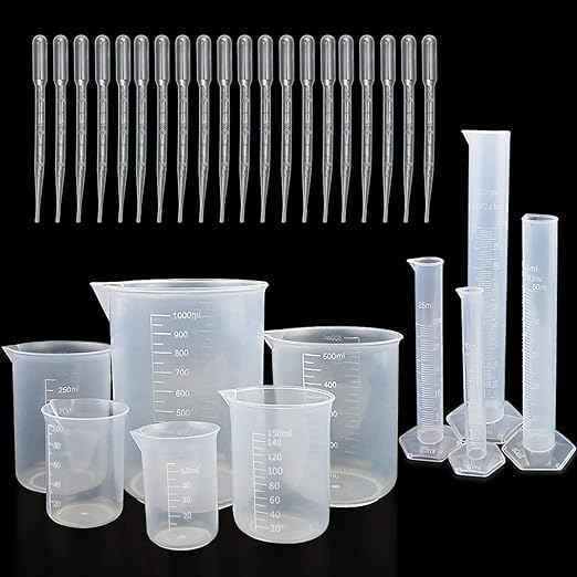 Graduated Cylinders 10ml/25ml/50ml/100ml and 6 PCS Plastic Beakers 50ml, 100ml, 250ml, 500ml, 1000ml for DIY and Laboratory Measuring with 20 Plastic Droppers in 3 ml Pack of 30