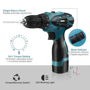 HILDA Electric Drill Cordless Screwdriver Lithium Battery Mini Drill Cordless Screwdriver Power Tools, EU Plug, 16.8V with Carton Box, 12V with Carton Box, 12V with Plastic Box, 16.8V with Plastic Box - laboratorydeal