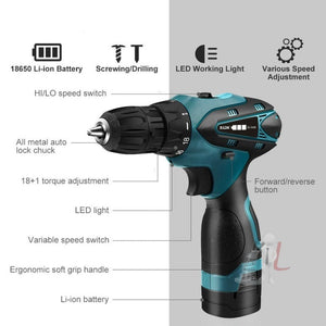 HILDA Electric Drill Cordless Screwdriver Lithium Battery Mini Drill Cordless Screwdriver Power Tools, EU Plug, 16.8V with Carton Box, 12V with Carton Box, 12V with Plastic Box, 16.8V with Plastic Box - laboratorydeal