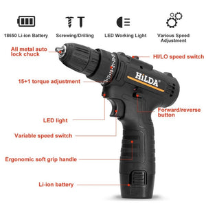 HILDA Home Power Drill 12V Li - Ion Drill With Charger And Battery, US Plug, Carton Packing, Plastic Packing, Cloth Packing - laboratorydeal