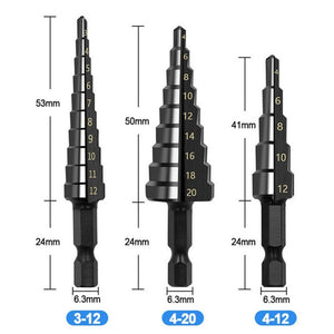 Hexagonal Shank Nitrided Straight Fluted Step Drill HSS Pagoda Drill Hole Opener, 3pcs / Set - laboratorydeal