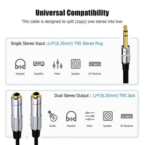 JUNSUNMAY 6.35mm Male to Dual 6.35mm Female Stereo Audio Adapter, Length: 0.2m, Length: 0.2m - laboratorydeal