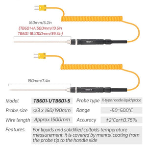 K-Type Probe Use With Thermometer, TASI TB601-1 Liquid Probe, TASI TB601-2 Surface Probe, TASI TB601-3 Surface Thermocouple, TASI TB601-4 Elbow Surface Thermocouple, TASI TB601-5 Pointed Needle Liquid Probe