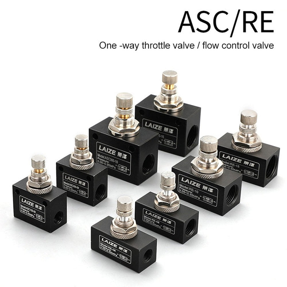 LAIZE Pneumatic Speed Regulating One-way Throttle Valve, ASC100-06 DN06mm, ASC200-08 DN08mm, ASC300-10 DN10mm, ASC300-15 DN15mm, RE-06 DN06mm, RE-08 DN08mm, RE-10 DN10mm, RE-10 DN15mm