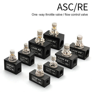 LAIZE Pneumatic Speed Regulating One-way Throttle Valve, ASC100-06 DN06mm, ASC200-08 DN08mm, ASC300-10 DN10mm, ASC300-15 DN15mm, RE-06 DN06mm, RE-08 DN08mm, RE-10 DN10mm, RE-10 DN15mm