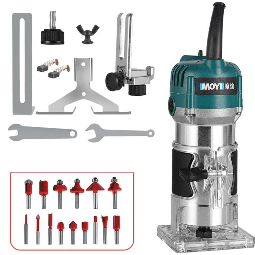 MOYI Aluminum Body Multifunctional Small Electric Woodworking Carving Slotting Trimming Machine, 15 Milling Cutters EU Plug, 15 Milling Cutters US Plug - laboratorydeal