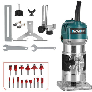 MOYI Aluminum Body Multifunctional Small Electric Woodworking Carving Slotting Trimming Machine, 15 Milling Cutters EU Plug, 15 Milling Cutters US Plug - laboratorydeal