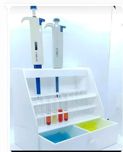 Micropipette Stand with Drawer for 6 Micropipettes and Test Tube Rack for 12x75 mm Tubes (22 Places), White
