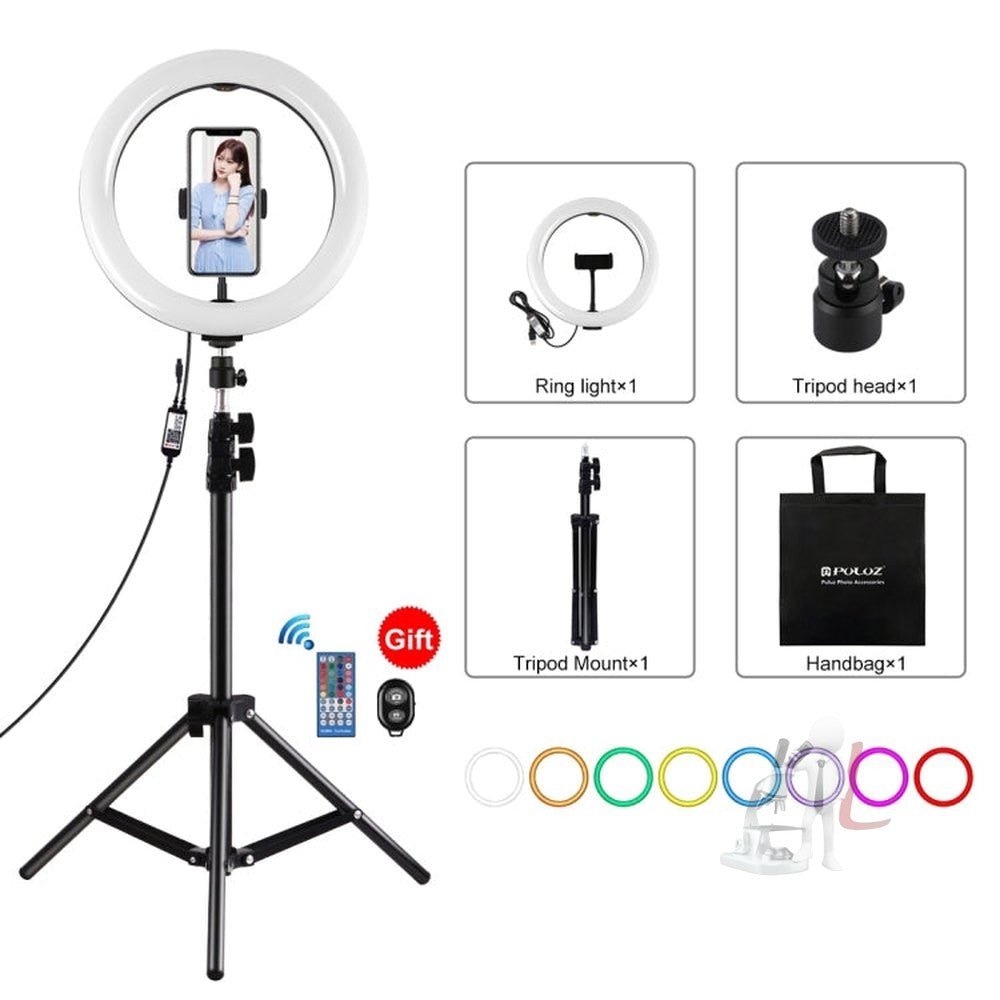 PULUZ 1.1m Tripod Mount + 10.2 inch 26cm Curved Surface RGBW LED Ring Vlogging Video Light Live Broadcast Kits with Remote Control & Phone Clamp - laboratorydeal