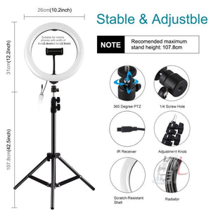 PULUZ 1.1m Tripod Mount + 10.2 inch 26cm Curved Surface RGBW LED Ring Vlogging Video Light Live Broadcast Kits with Remote Control & Phone Clamp - laboratorydeal