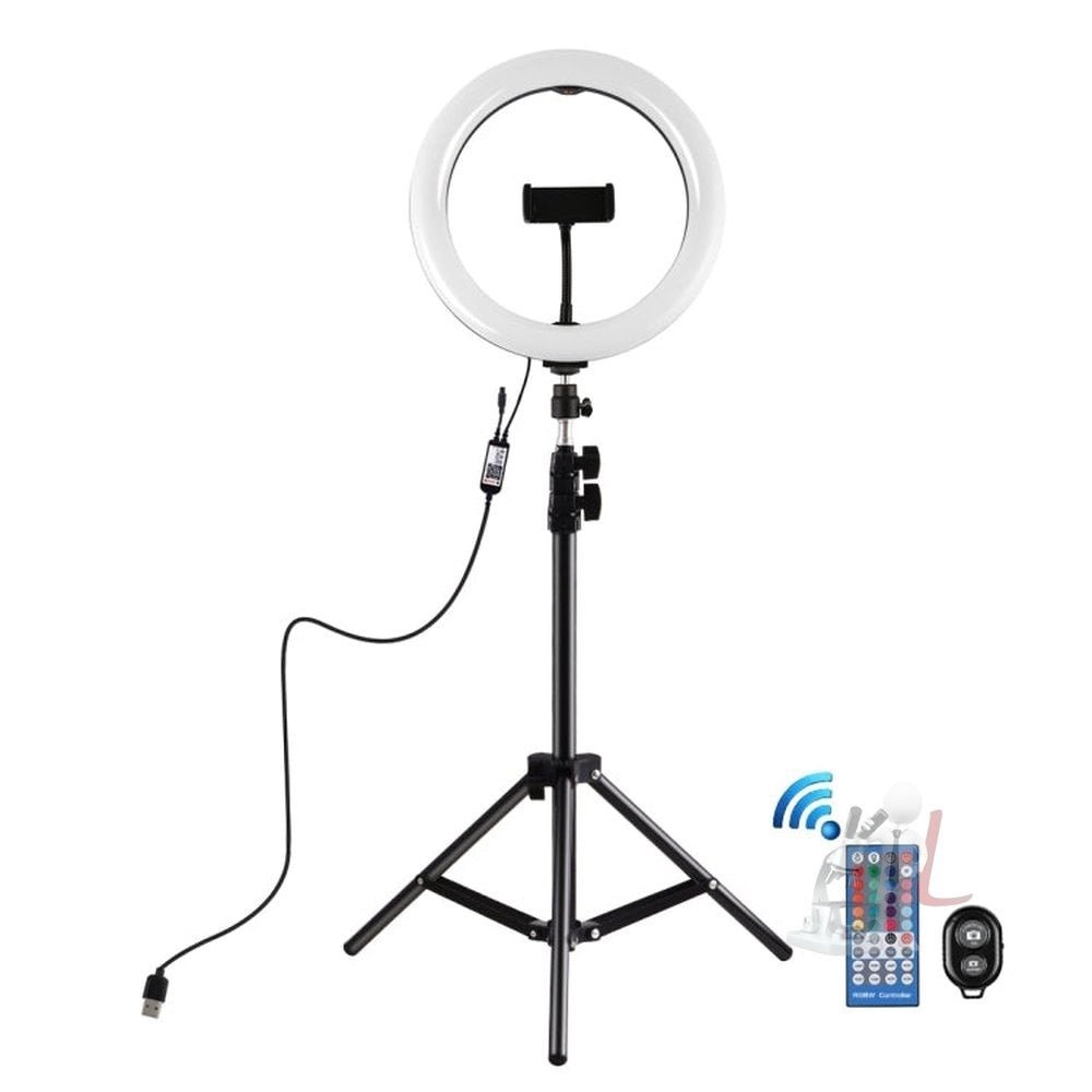 PULUZ 1.1m Tripod Mount + 10.2 inch 26cm Curved Surface RGBW LED Ring Vlogging Video Light Live Broadcast Kits with Remote Control & Phone Clamp - laboratorydeal