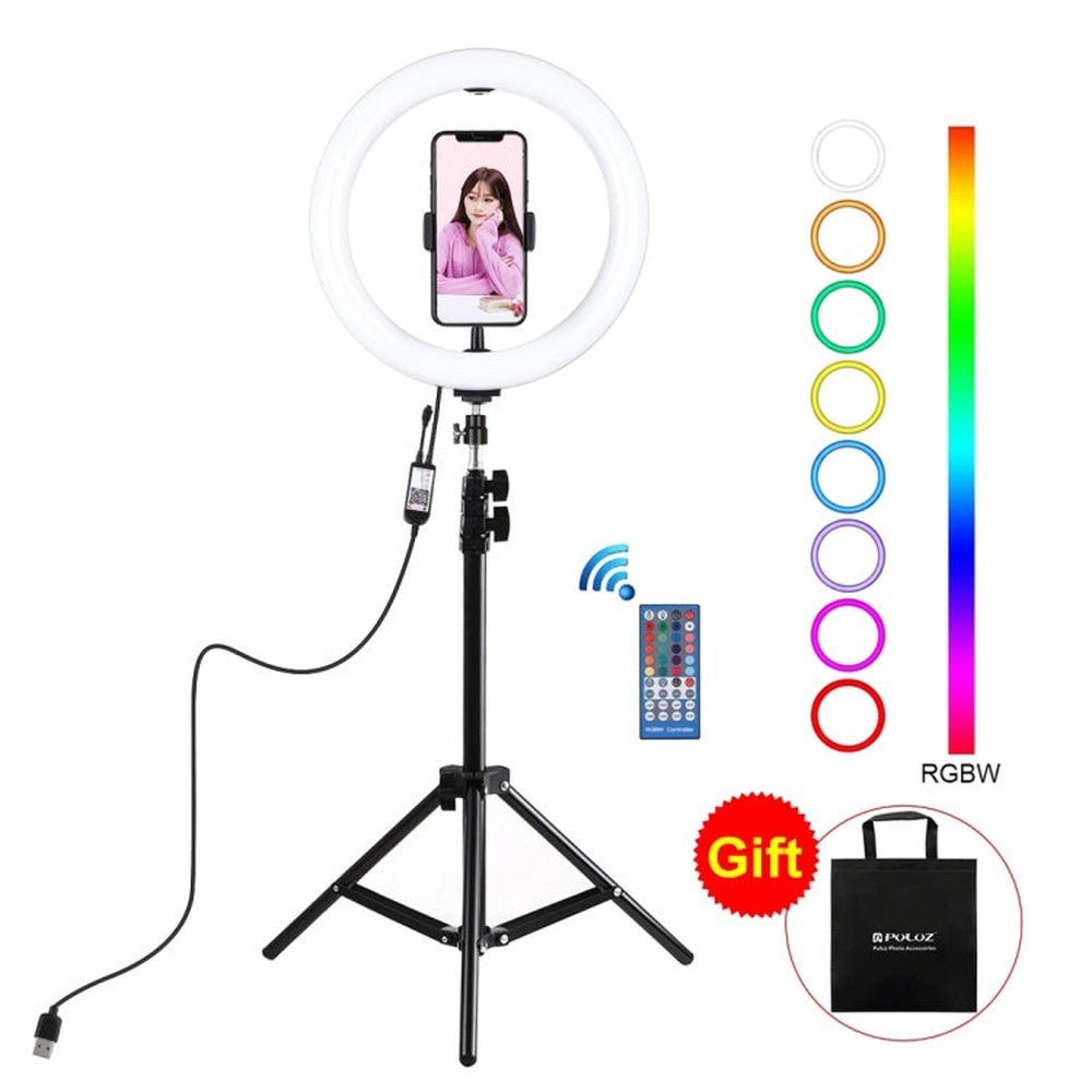 PULUZ 1.1m Tripod Mount + 10.2 inch 26cm RGBW LED Ring Vlogging Video Light Live Broadcast Kits with Remote Control & Cold Shoe Tripod Ball Head & Phone Clamp, 1.1m Tripod+RGBW with Remote - laboratorydeal
