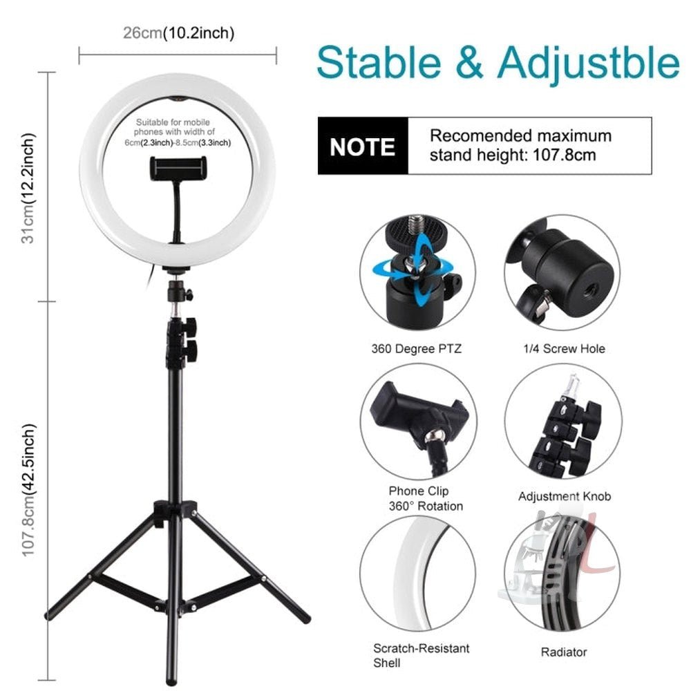 PULUZ 1.1m Tripod Mount + 10.2 inch 26cm RGBW LED Ring Vlogging Video Light Live Broadcast Kits with Cold Shoe Tripod Ball Head & Phone Clamp, 1.1m Tripod Mount+RGBW =Light - laboratorydeal