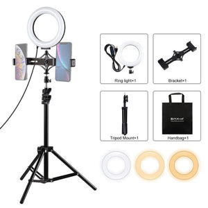 PULUZ 1.1m Tripod Mount + Live Broadcast Dual Phone Bracket + 6.2 inch 16cm LED Ring Vlogging Video Light Kits, 3 in 1 Live Broadcast Kits - laboratorydeal