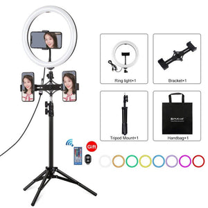 PULUZ 10.2 inch 26cm Curved Surface RGBW LED Ring Light + 1.1m Tripod Mount + Dual Phone Brackets Horizontal Holder + Vlogging Video Light Live Broadcast Kits with Remote Control & Phone Clamp - laboratorydeal