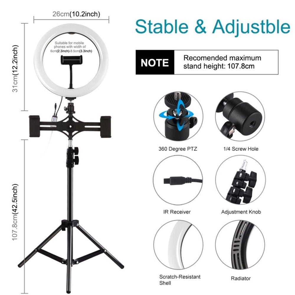 PULUZ 10.2 inch 26cm Curved Surface RGBW LED Ring Light + 1.1m Tripod Mount + Dual Phone Brackets Horizontal Holder + Vlogging Video Light Live Broadcast Kits with Remote Control & Phone Clamp - laboratorydeal