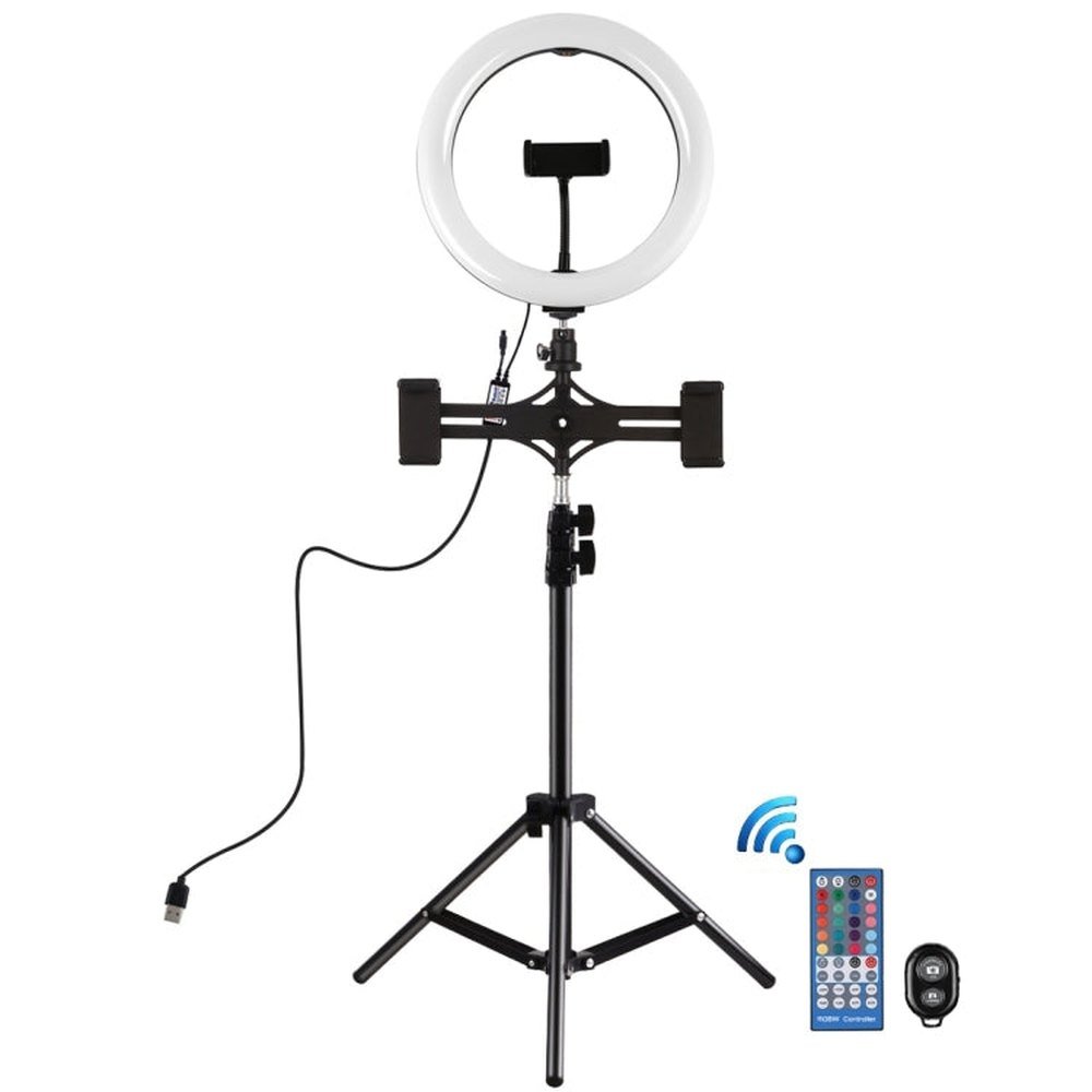PULUZ 10.2 inch 26cm Curved Surface RGBW LED Ring Light + 1.1m Tripod Mount + Dual Phone Brackets Horizontal Holder + Vlogging Video Light Live Broadcast Kits with Remote Control & Phone Clamp - laboratorydeal
