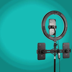 PULUZ 10.2 inch 26cm Curved Surface RGBW LED Ring Light + 1.1m Tripod Mount + Dual Phone Brackets Horizontal Holder + Vlogging Video Light Live Broadcast Kits with Remote Control & Phone Clamp - laboratorydeal