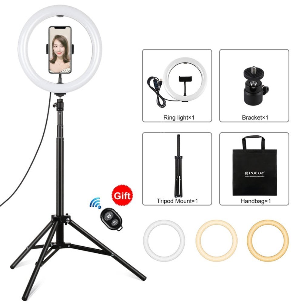 PULUZ 10.2 inch 26cm Light + 1.65m Tripod Mount Curved Surface USB 3 Modes Dimmable Dual Color Temperature Ring Vlogging Video Light Live Broadcast Kits with Phone Clamp & Selfie Remote Control, 10.2 inch+1.65m Tripod - laboratorydeal