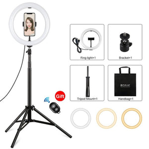 PULUZ 10.2 inch 26cm Light + 1.65m Tripod Mount Curved Surface USB 3 Modes Dimmable Dual Color Temperature Ring Vlogging Video Light Live Broadcast Kits with Phone Clamp & Selfie Remote Control, 10.2 inch+1.65m Tripod - laboratorydeal