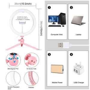 PULUZ 10.2 inch 26cm Light + Desktop Tripod Mount USB 3 Modes Dimmable Dual Color Temperature LED Curved Diffuse Light Ring Vlogging Selfie Photography Video Lights with Phone Clamp, 10.2 inch + Desktop Tripod, 10.2 inch Curved+Tripod - laboratorydeal