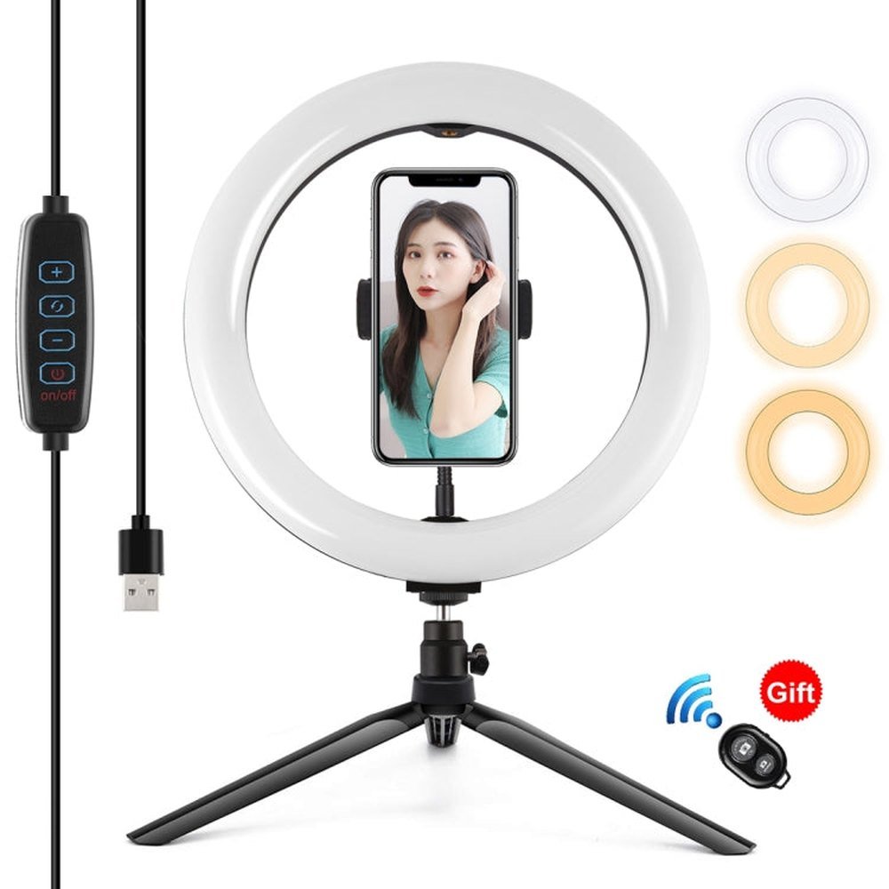 PULUZ 10.2 inch 26cm Light + Desktop Tripod Mount USB 3 Modes Dimmable Dual Color Temperature LED Curved Diffuse Light Ring Vlogging Selfie Photography Video Lights with Phone Clamp, 10.2 inch + Desktop Tripod, 10.2 inch Curved+Tripod - laboratorydeal