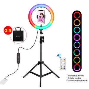 PULUZ 10.2 inch 26cm Marquee LED RGBWW Selfie Beauty Light + 1.1m Tripod Mount 168 LED Dual - color Temperature Dimmable Ring Vlogging Photography Video Lights with Cold Shoe Tripod Ball Head & Remote Control & Phone Clamp, 10 inch RGBWW + 1.1m Mount - laboratorydeal