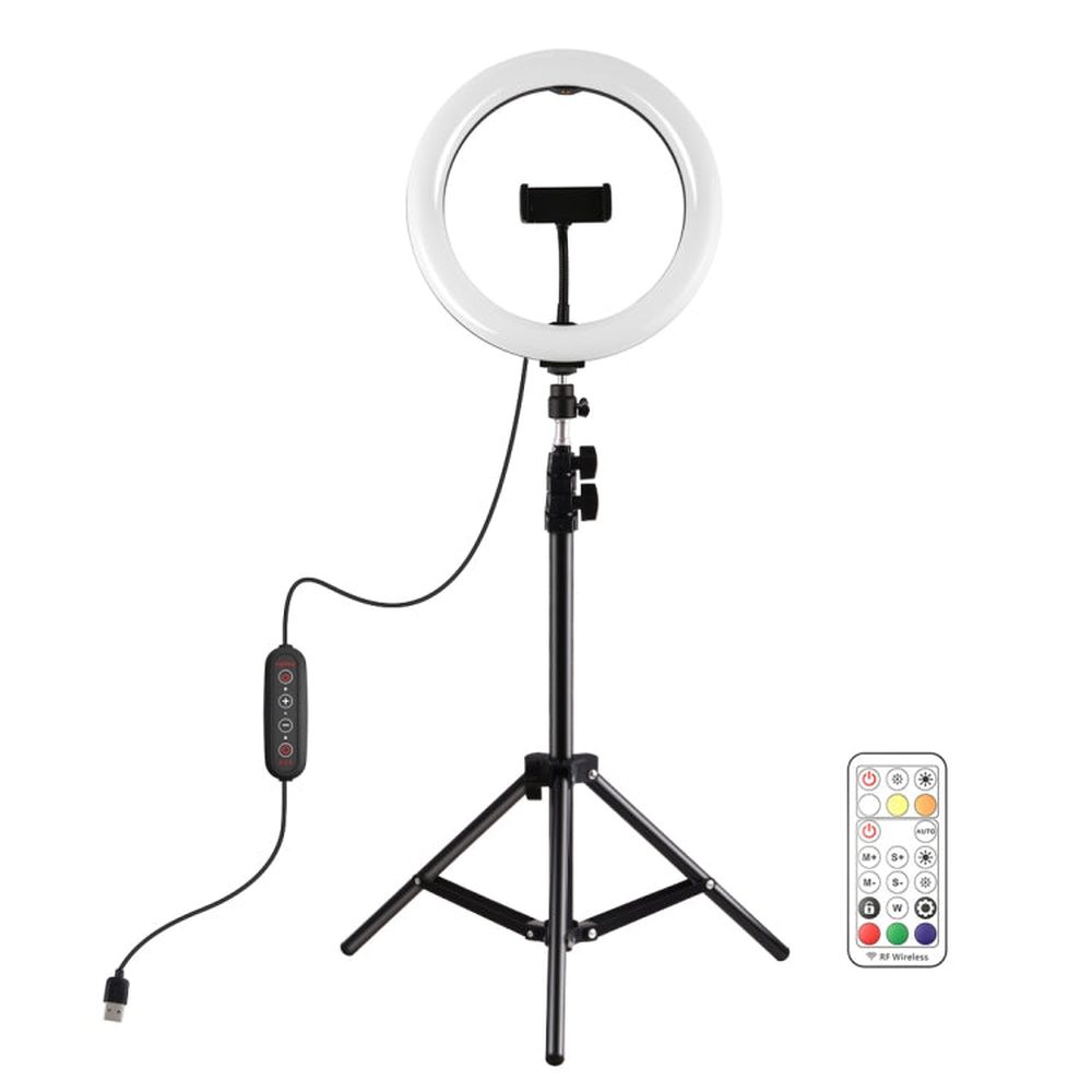 PULUZ 10.2 inch 26cm Marquee LED RGBWW Selfie Beauty Light + 1.1m Tripod Mount 168 LED Dual - color Temperature Dimmable Ring Vlogging Photography Video Lights with Cold Shoe Tripod Ball Head & Remote Control & Phone Clamp, 10 inch RGBWW + 1.1m Mount - laboratorydeal