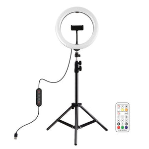 PULUZ 10.2 inch 26cm Marquee LED RGBWW Selfie Beauty Light + 1.1m Tripod Mount 168 LED Dual - color Temperature Dimmable Ring Vlogging Photography Video Lights with Cold Shoe Tripod Ball Head & Remote Control & Phone Clamp, 10 inch RGBWW + 1.1m Mount - laboratorydeal