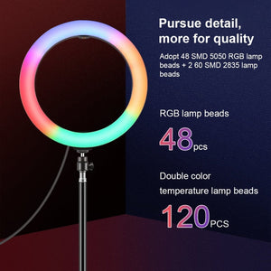 PULUZ 10.2 inch 26cm Marquee LED RGBWW Selfie Beauty Light + 1.1m Tripod Mount 168 LED Dual - color Temperature Dimmable Ring Vlogging Photography Video Lights with Cold Shoe Tripod Ball Head & Remote Control & Phone Clamp, 10 inch RGBWW + 1.1m Mount - laboratorydeal