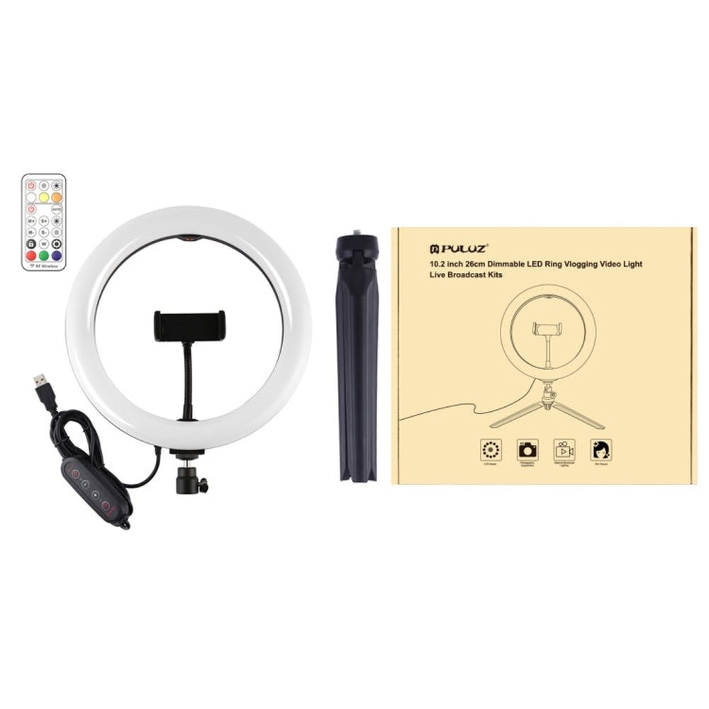 PULUZ 10.2 inch 26cm Marquee LED RGBWW Selfie Beauty Light + Desktop Tripod Mount 168 LED Dual - color Temperature Dimmable Ring Vlogging Photography Video Lights with Cold Shoe Tripod Ball Head & Remote Control & Phone Clamp, 10.2 inch RGBWW+Desktop Mount - laboratorydeal