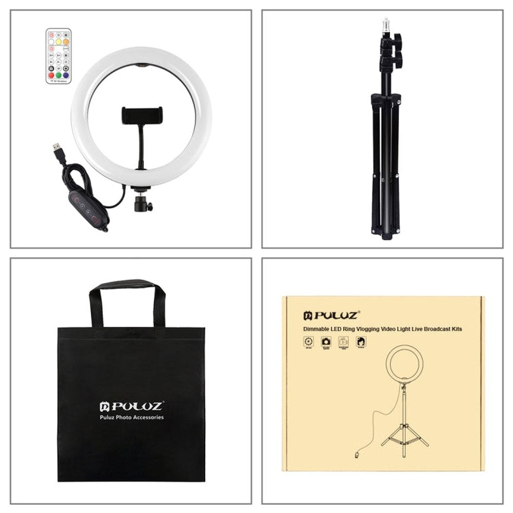 PULUZ 10.2 inch 26cm Marquee LED RGBWW Selfie Beauty Light + 1.1m Tripod Mount 168 LED Dual - color Temperature Dimmable Ring Vlogging Photography Video Lights with Cold Shoe Tripod Ball Head & Remote Control & Phone Clamp, 10 inch RGBWW + 1.1m Mount - laboratorydeal